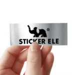 Brushed silver rectangle die cut sticker with the StickerEle logo