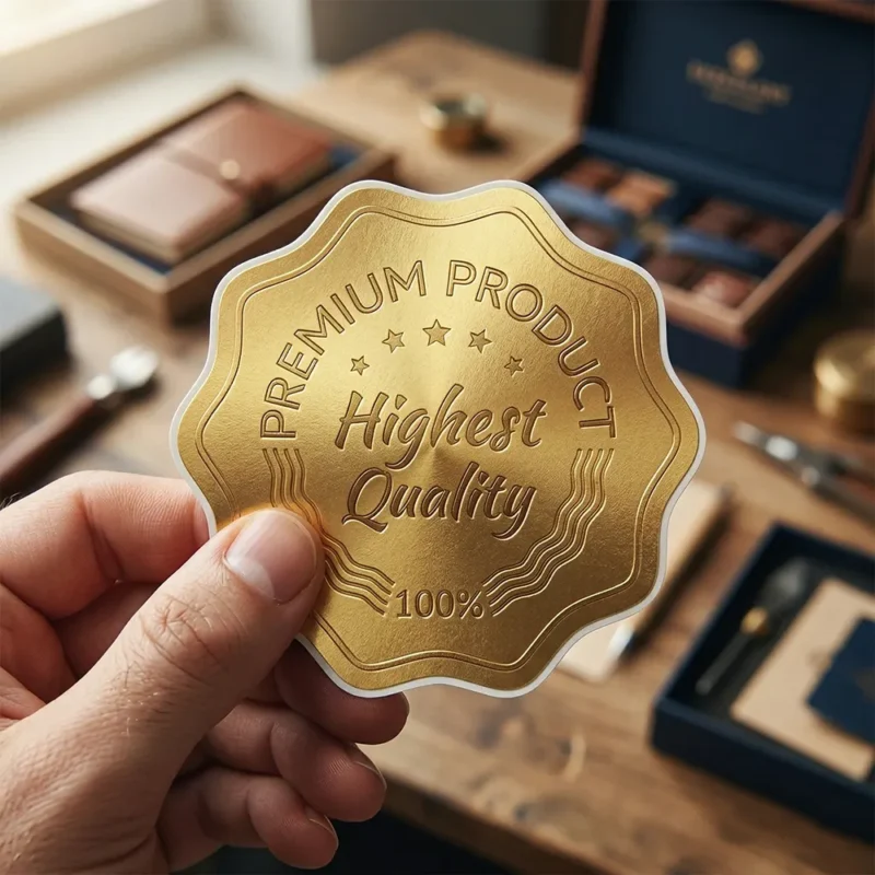 Gold scalloped die cut seal sticker for luxury packaging