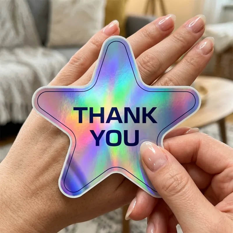 Holographic star-shaped Thank You die cut sticker