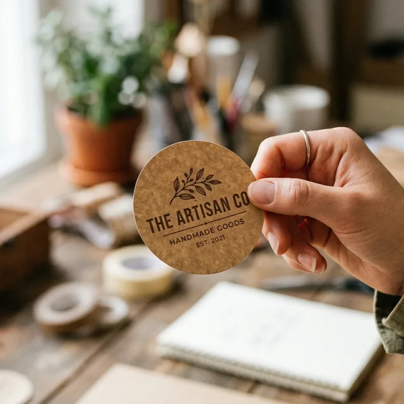 Round kraft paper die cut sticker for an artisan brand