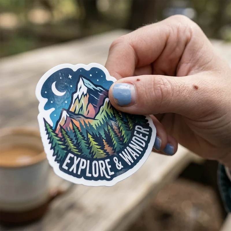 Colourful die cut sticker with an Explore and Wander mountain design