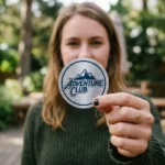 Round Adventure Club die cut sticker held up outdoors