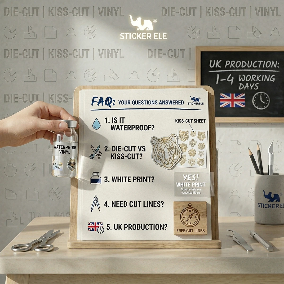 Sticker FAQ board at the StickerEle studio
