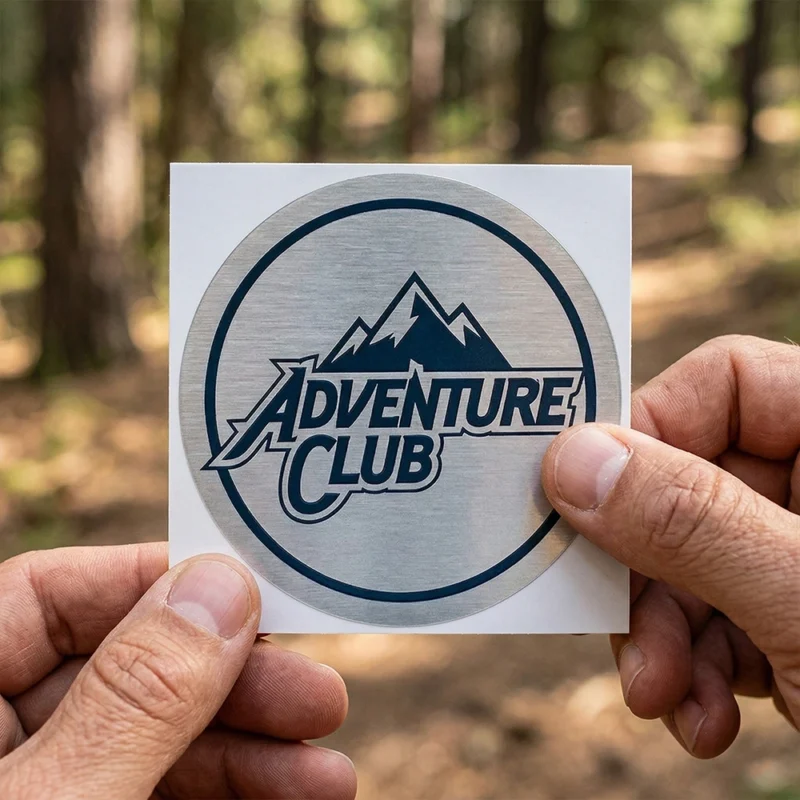 Brushed metal effect round Adventure Club kiss cut sticker