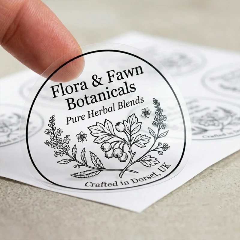 Clear kiss cut label for Flora and Fawn Botanicals