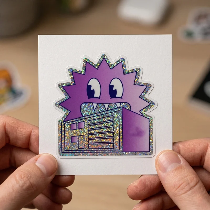 Glitter kiss cut sticker of a purple cartoon character