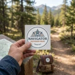 Removable round kiss cut logo sticker held up on a forest trail