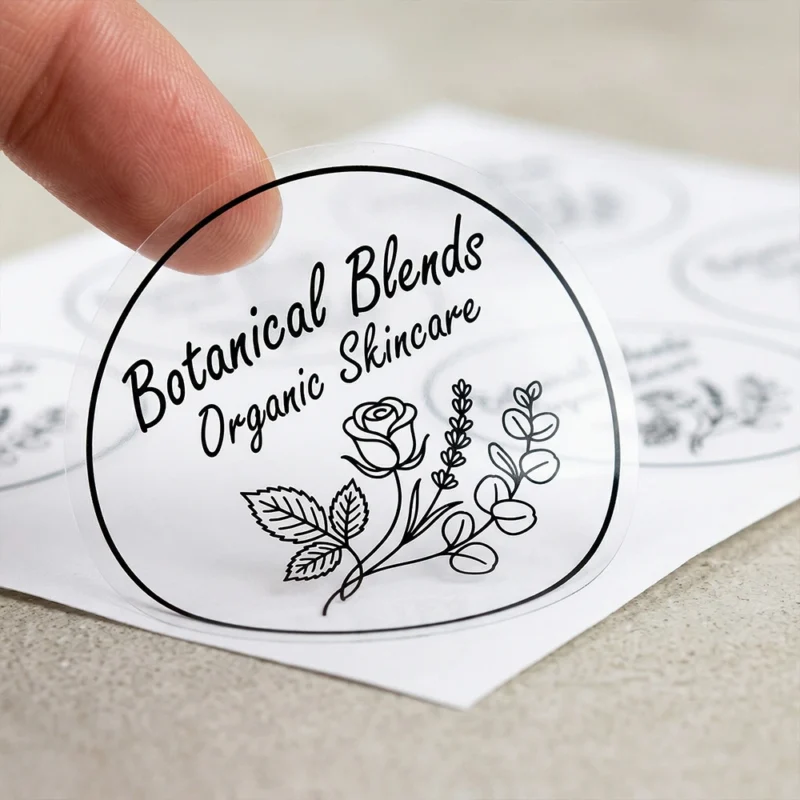 Transparent kiss cut label for Botanical Blends organic skincare