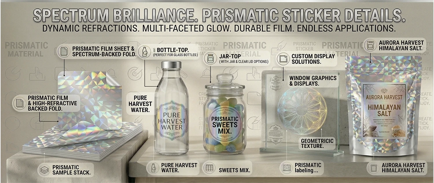 Custom prismatic stickers on bottles and packaging