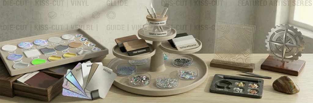 Sticker samples in different finishes on display trays at the StickerEle studio