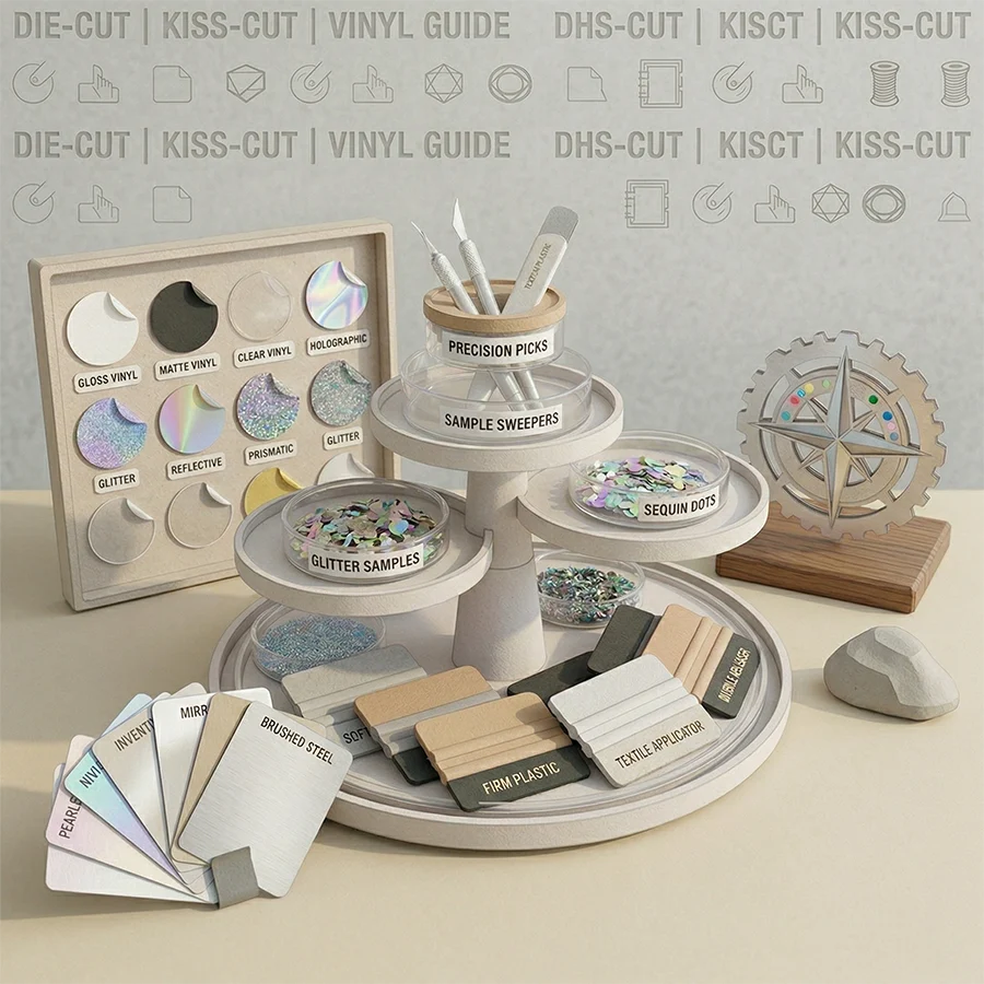 Custom holographic, clear and metallic stickers on display at the StickerEle studio