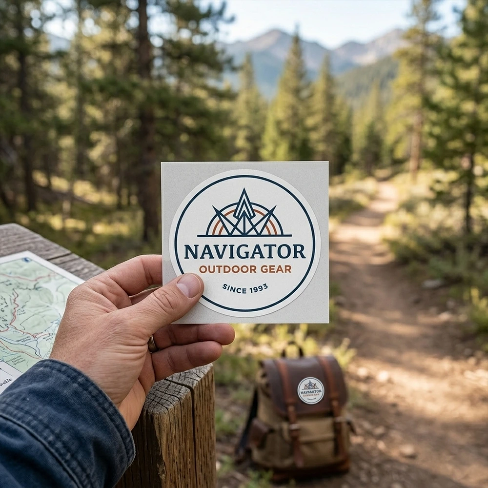 Removable round kiss cut logo sticker held up on a forest trail