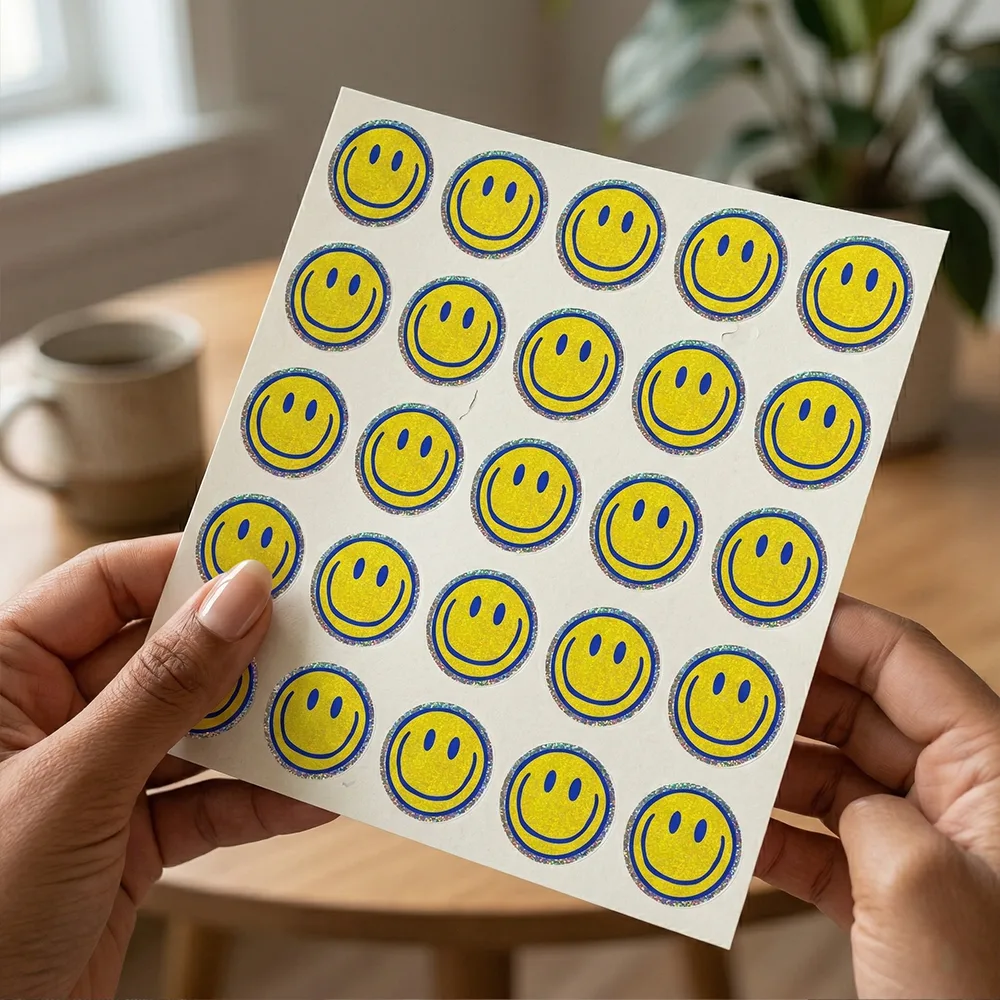 Sticker sheet of yellow smiley face kiss cut stickers